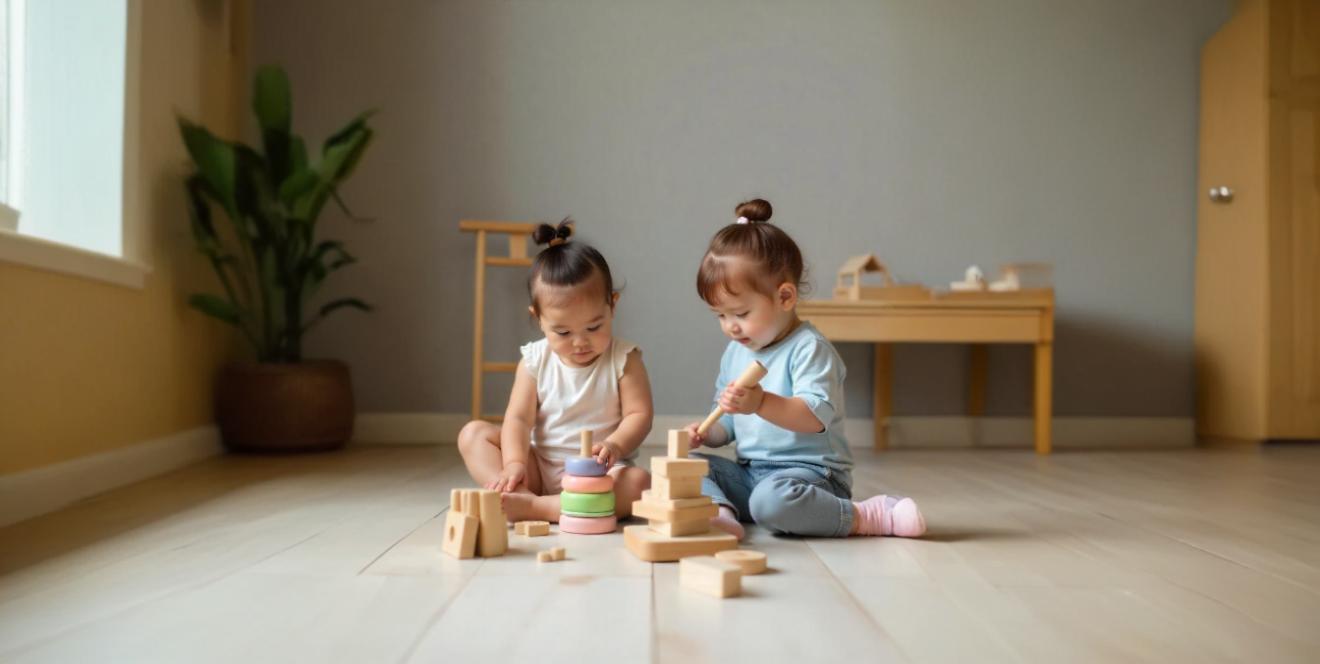 Two young children playing with wooden blocks on a light wood floor.